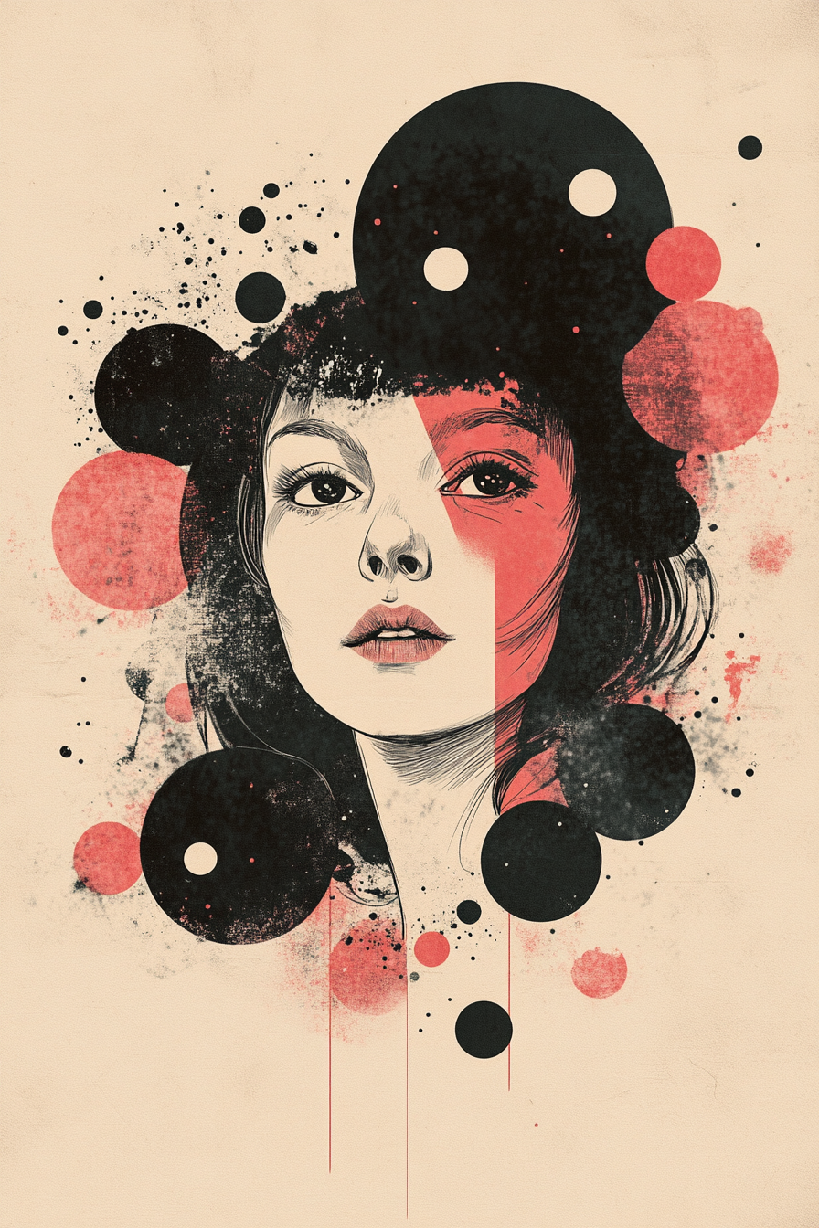 Artistic portrait of a woman's face with abstract black and red circular patterns. Half of the face is highlighted in red, while the other half is in natural tones. The background includes scattered dots and splashes that blend into the face.