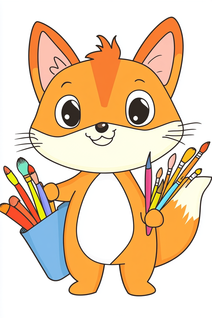 A cute cartoon fox holding paintbrushes and a blue cup filled with art supplies.