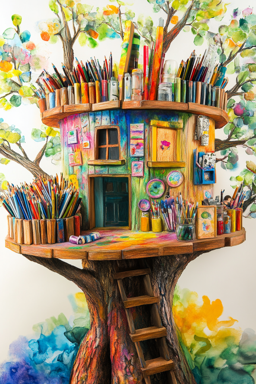 A colorful treehouse made from art supplies, featuring pencils, paintbrushes, and jars of paint stored along the edges. The treehouse's exterior is painted vibrantly with sketches and decorations. The base of the tree is surrounded by multicolored splashes of paint, and a small wooden ladder leads up to the entrance.