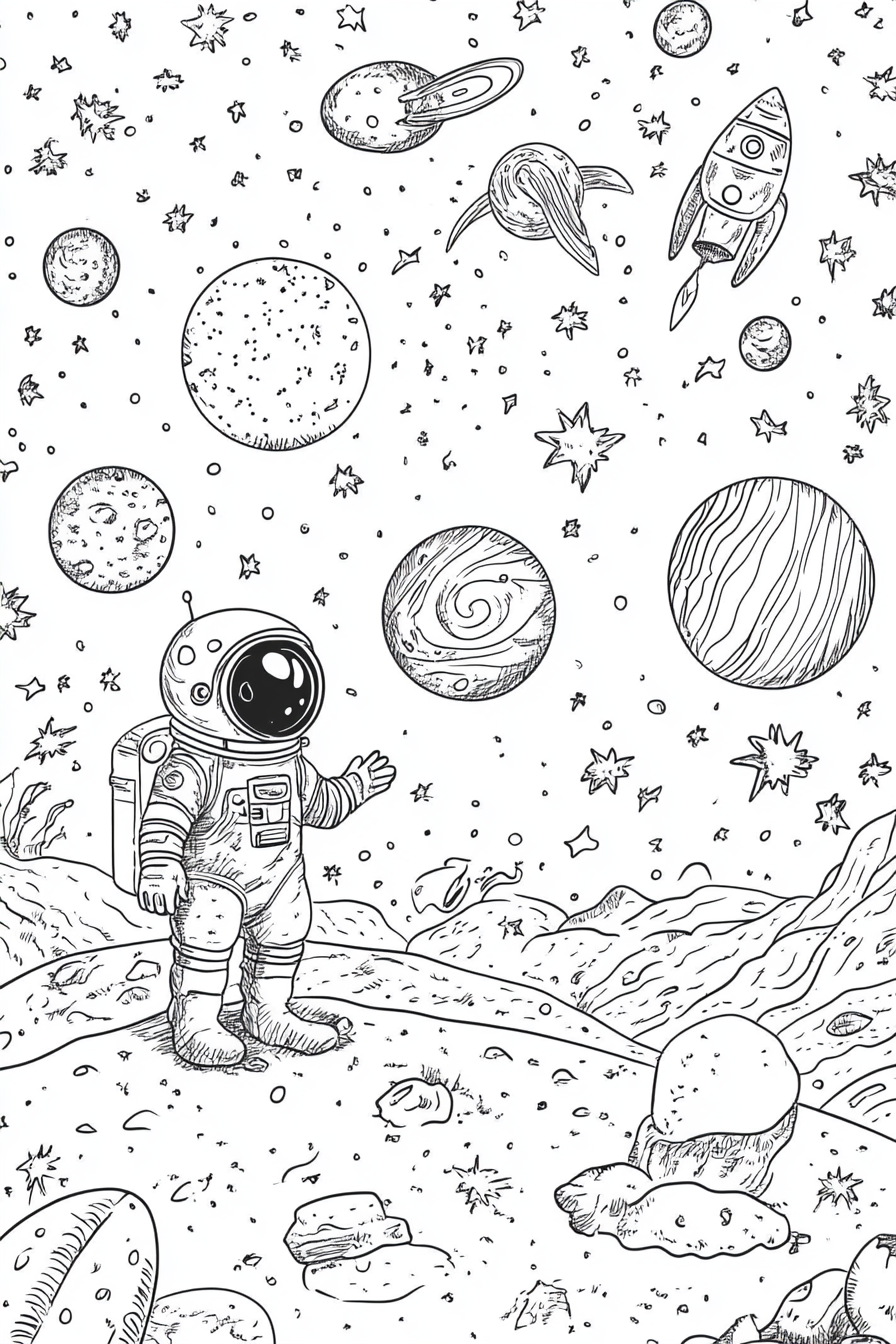 Black and white illustration of an astronaut standing on a planet's surface in outer space, surrounded by stars, distant planets, and a rocket ship.