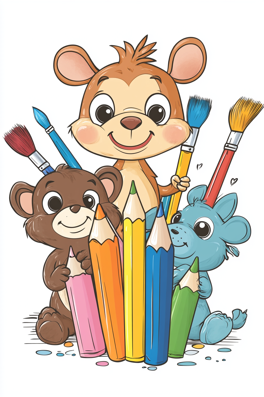 Three cute cartoon animals, including a bear, a blue mouse, and a chipmunk, joyfully holding large colored pencils and paintbrushes.