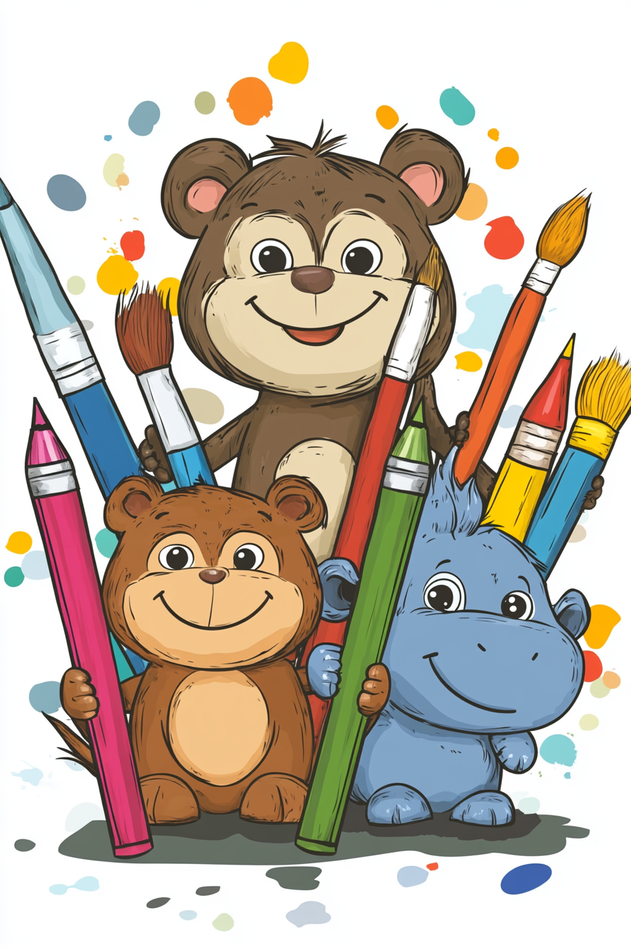 Illustration of three cute cartoon animals holding colorful pencils and paintbrushes. A brown bear, a smaller bear, and a blue animal stand together surrounded by colorful paint splatters in the background.