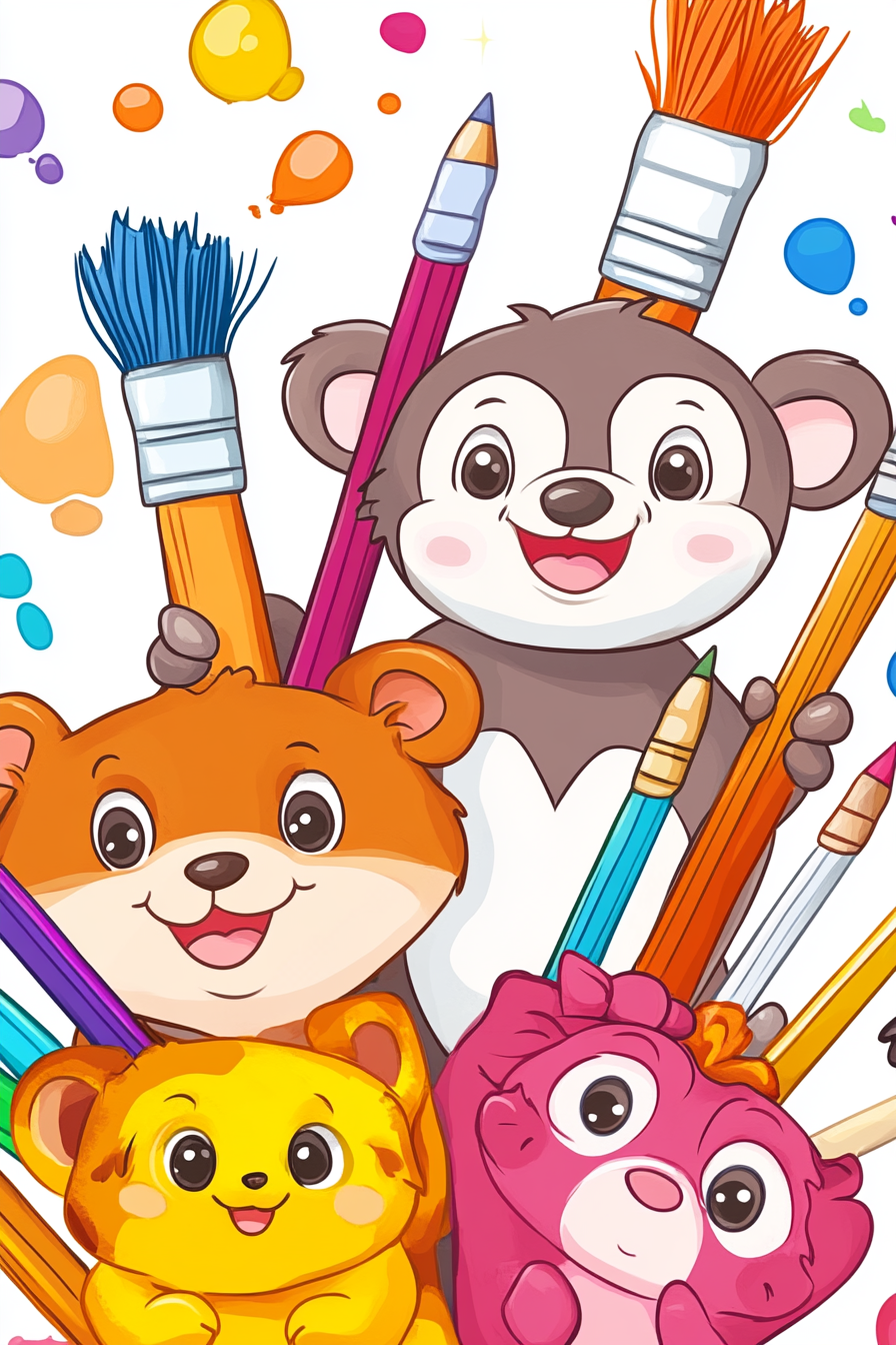 Cute cartoon animals holding colorful pencils and paintbrushes with splashes of paint in the background.