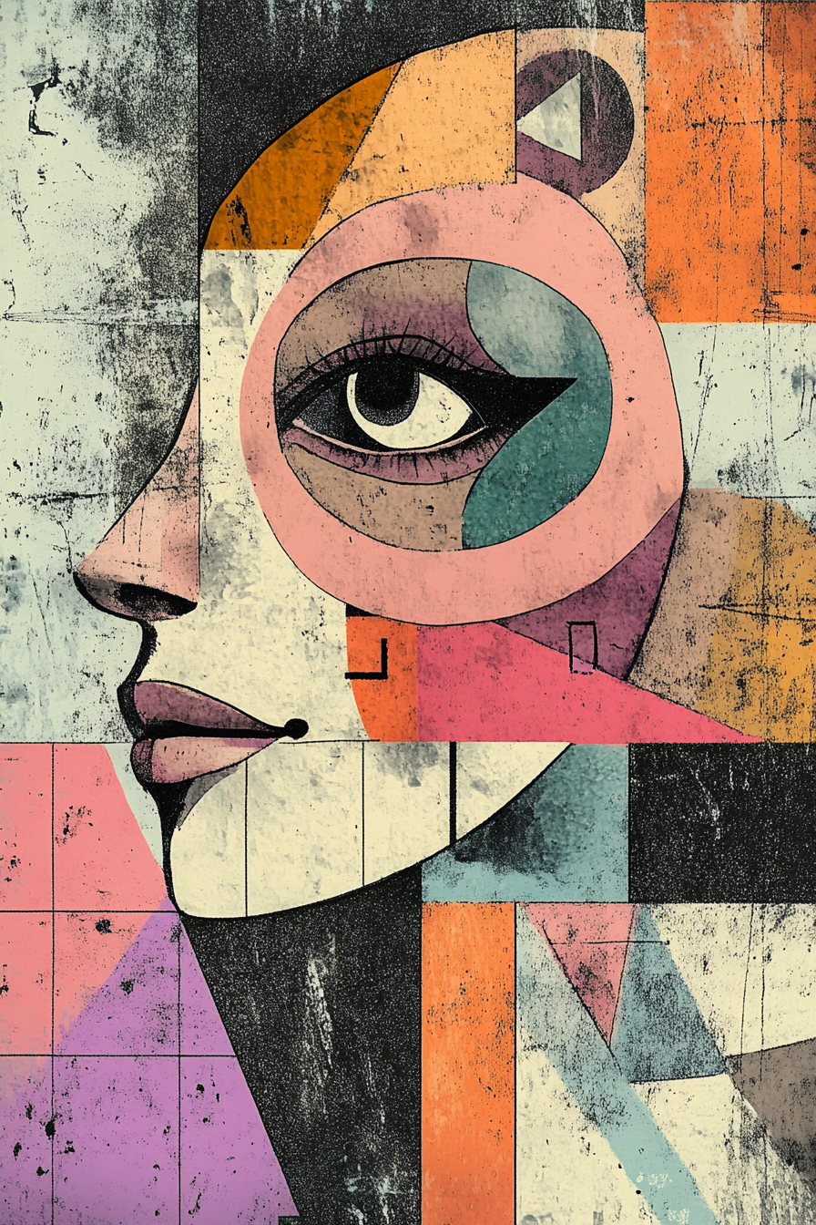 Abstract cubist artwork of a woman's face in profile, featuring geometric shapes, bold lines, and a mix of colors such as orange, pink, teal, and black.