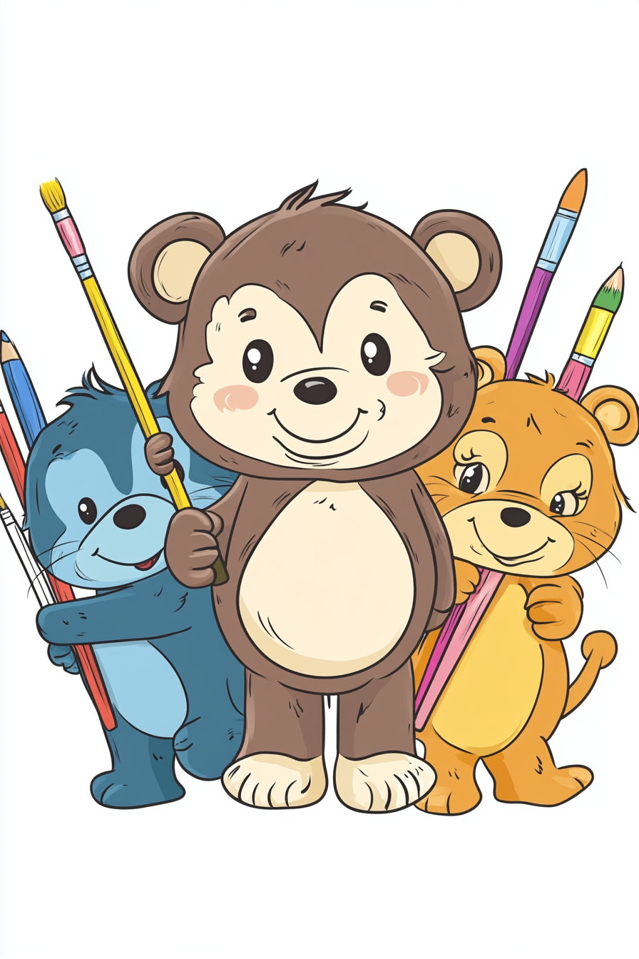 A cartoon illustration of a happy bear, tiger, and lion holding large art supplies including pencils and paint brushes.