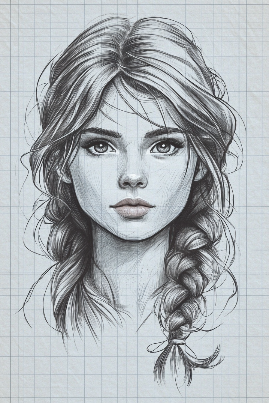 A pencil sketch of a young woman with long hair styled in a loose braid. The sketch is detailed, with emphasis on her eyes, lips, and hair. The background consists of a faint grid pattern.