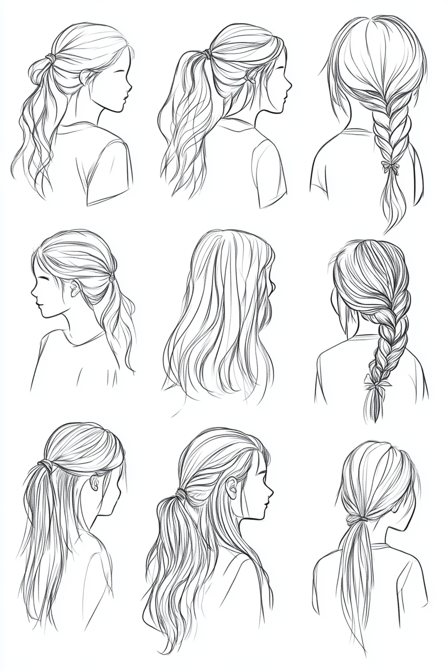A black and white sketch showing nine different hairstyles of a person from side or back views. The hairstyles include various versions of ponytails, braids, and loose waves.