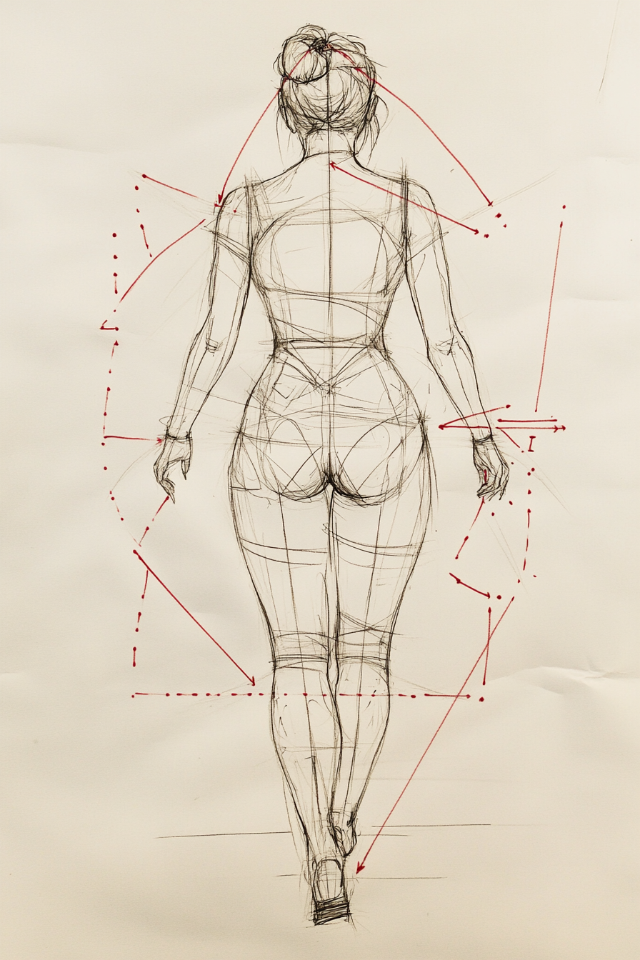 A sketch of a woman's body in a walking pose, viewed from the back. The drawing includes detailed body proportions with guiding construction lines and red marks indicating measurements and perspective angles.