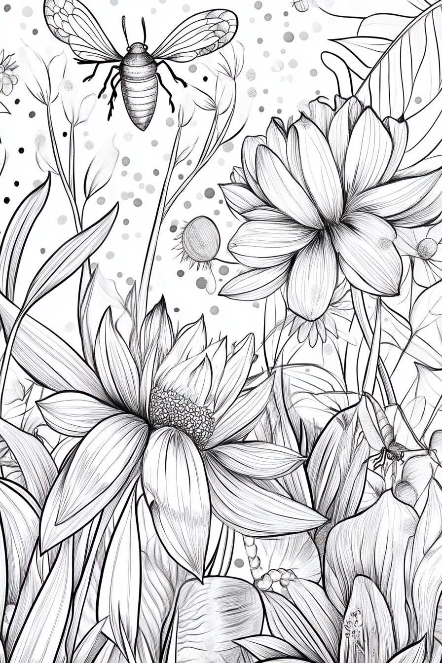 A black and white illustration of various blooming flowers with a bee flying above them. The detailed line drawing includes large petals and leaves with dots scattered in the background, creating an artistic, floral scene.