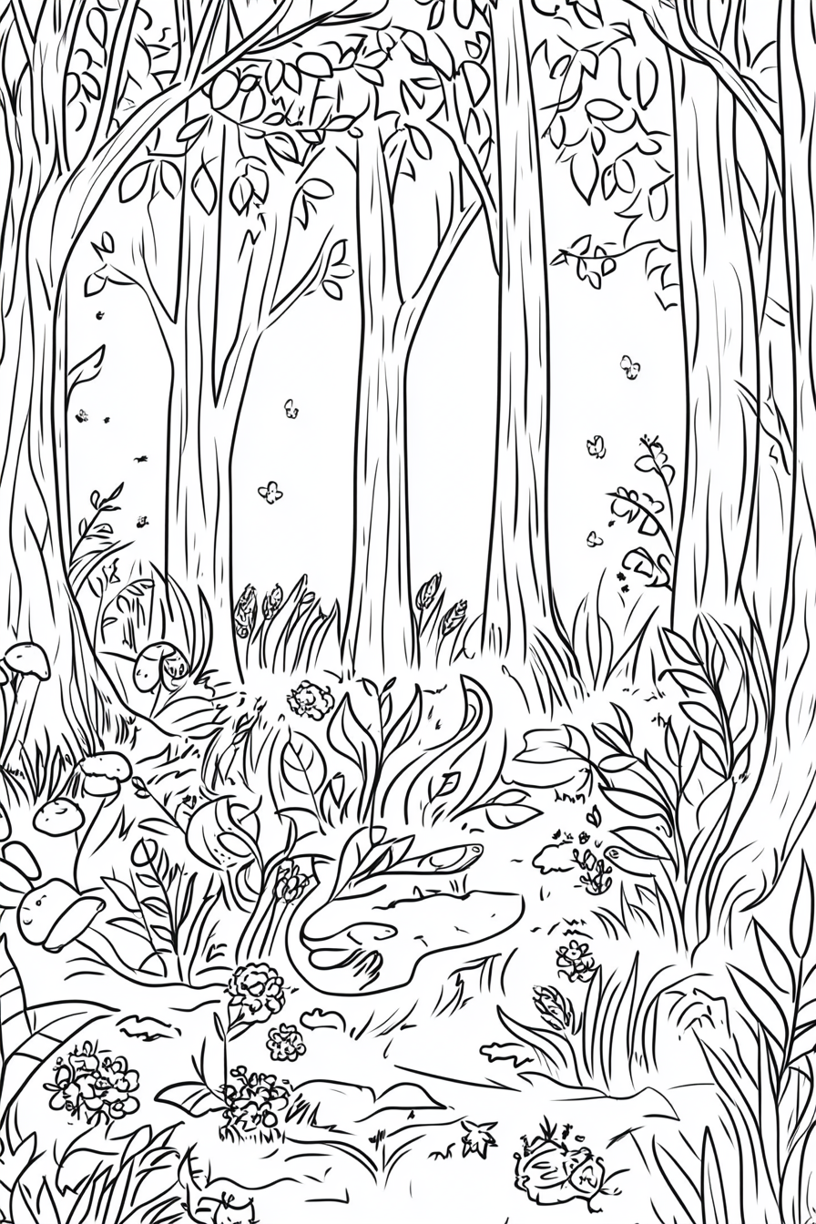 Black and white illustration of a forest scene with tall trees, plants, mushrooms, and a variety of vegetation on the forest floor. There are small insects and butterflies flying around, with detailed leaves and bushes along the ground.