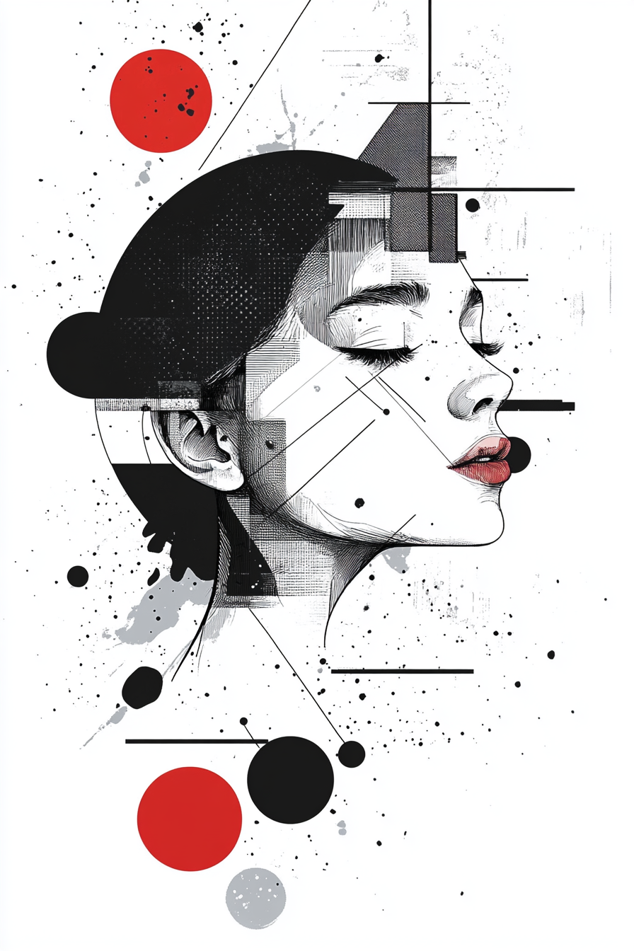 Abstract illustration of a woman's profile with eyes closed, blending geometric shapes and lines. The artwork includes elements in black, white, and red, with circular shapes and splashes of ink surrounding the face, combining sharp, angular elements with organic textures.