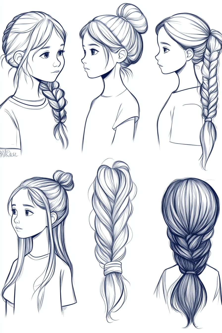 A sketch featuring six different female hairstyles, including a side braid, high bun, long ponytail, half-up bun, voluminous braid, and a fishtail braid from various angles.
