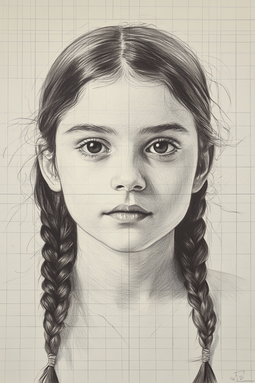 A pencil drawing of a young girl with two braids. The drawing features a grid lightly sketched over the entire portrait, possibly indicating an artistic process or construction technique. The girl's expression is neutral, and her features are carefully detailed with focus on her large eyes and symmetrical face.