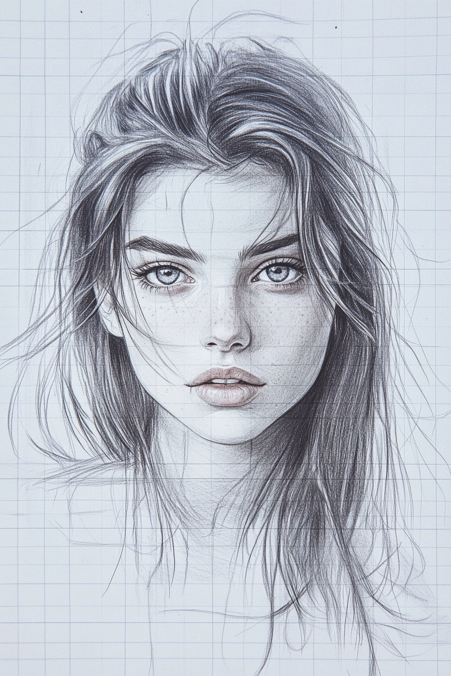 A pencil drawing of a young woman with long hair and a neutral expression. The detailed portrait features light shading and a gridded background.
