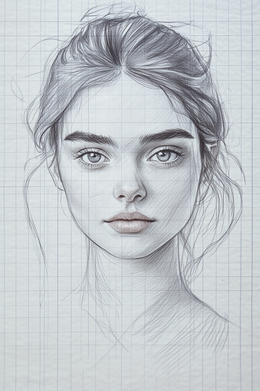 A detailed pencil sketch of a young woman with her hair tied up, drawn on a grid-patterned background. The sketch focuses on her facial features, including large eyes, defined eyebrows, and full lips.