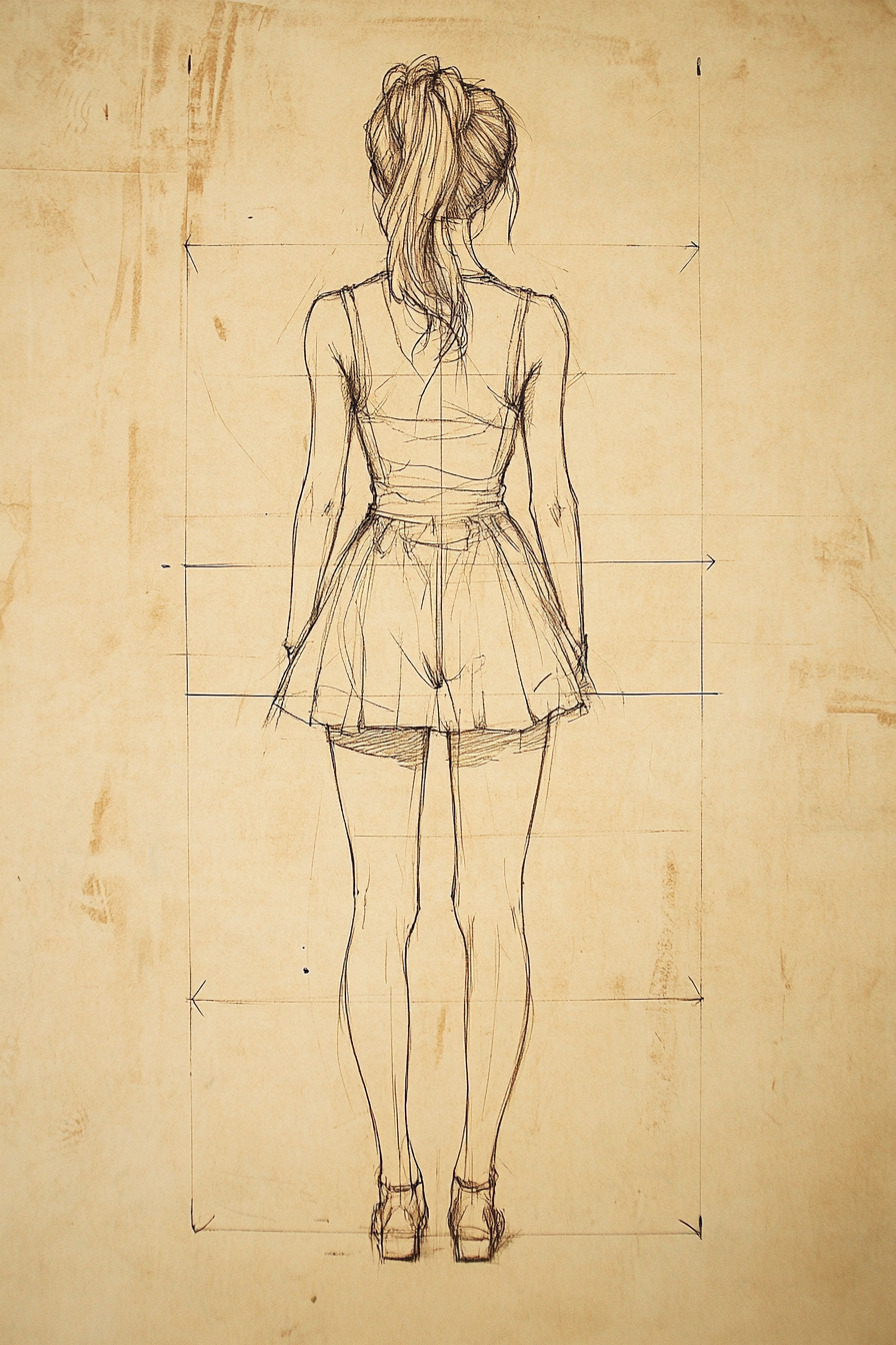 A detailed sketch of a woman standing with her back facing the viewer. She is wearing a sleeveless top and a short skirt, with her hair tied in a ponytail.