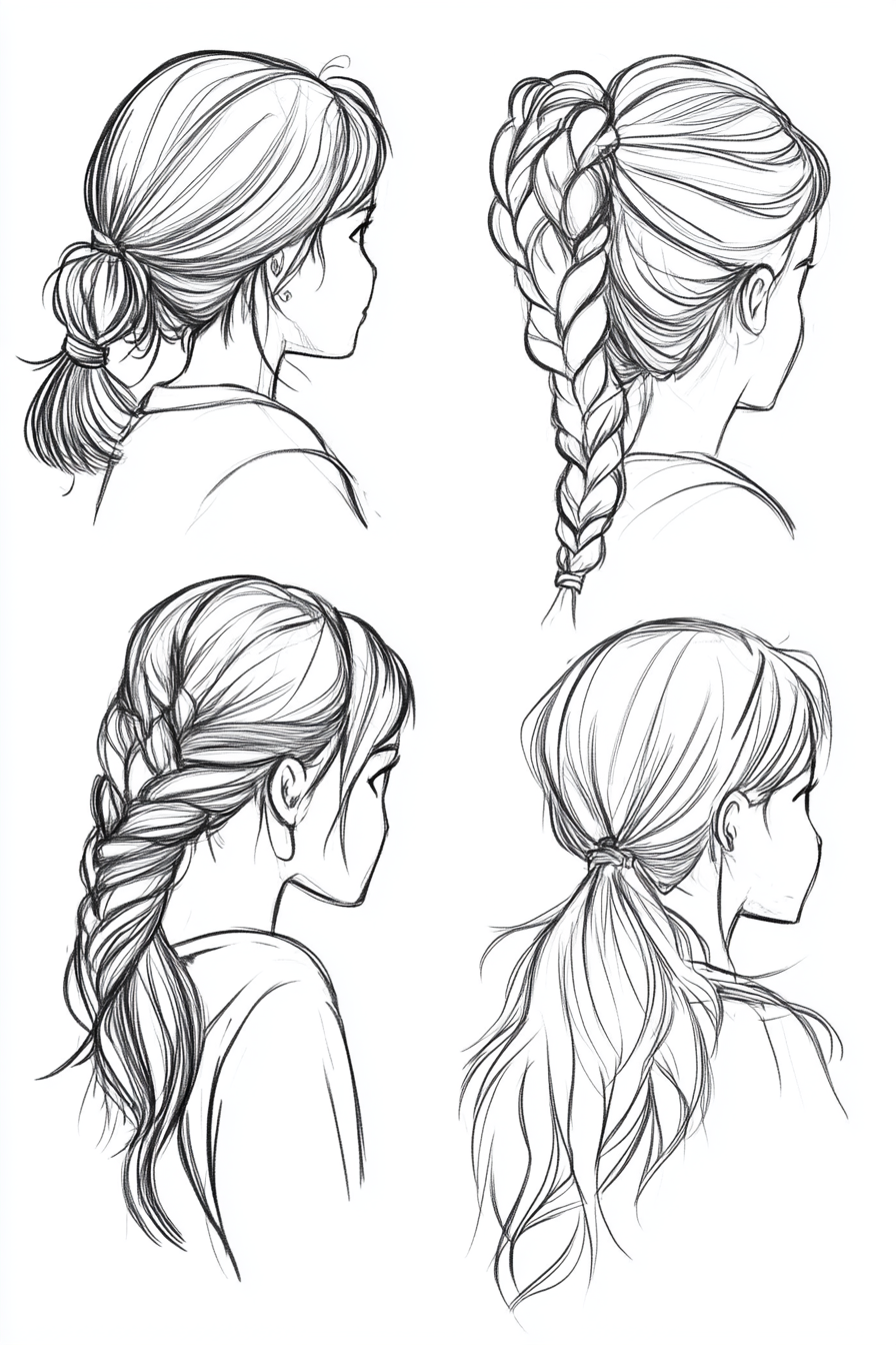 A black and white illustration of four different hairstyles viewed from the side or back, featuring variations of buns, braids, and ponytails.